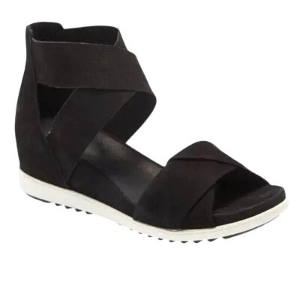 Eileen Fisher Black & White Viv Tumbled Nubuck Wedge Sandals Zipper Size 9